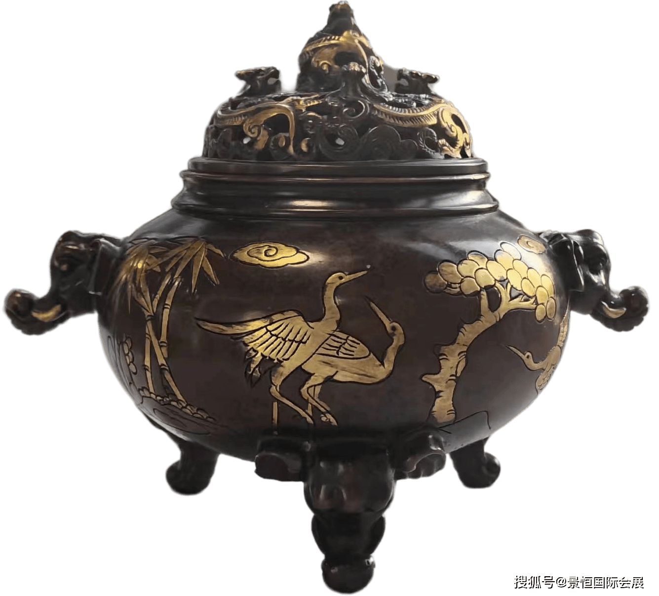 CN942 金工師【米田秀保造】鋳銅蝋型 麒麟摘蓋雲龍高盛上文 三足香炉 