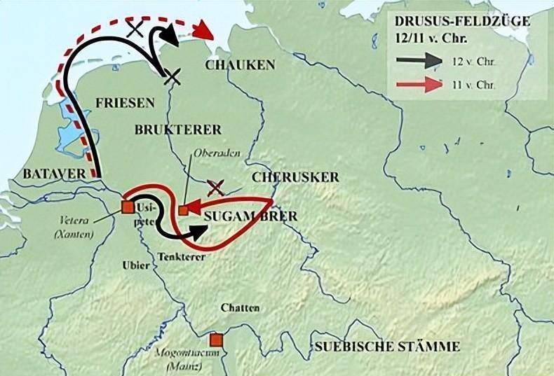 前12年,德鲁苏斯带兵渡过莱茵河,开始了罗马帝国与日耳曼人的战争.