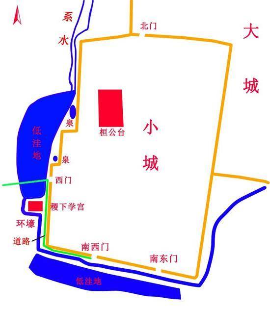 稷下学宫位置示意图此地有系水,左右有讲室,依山傍水,环境幽静,是学术