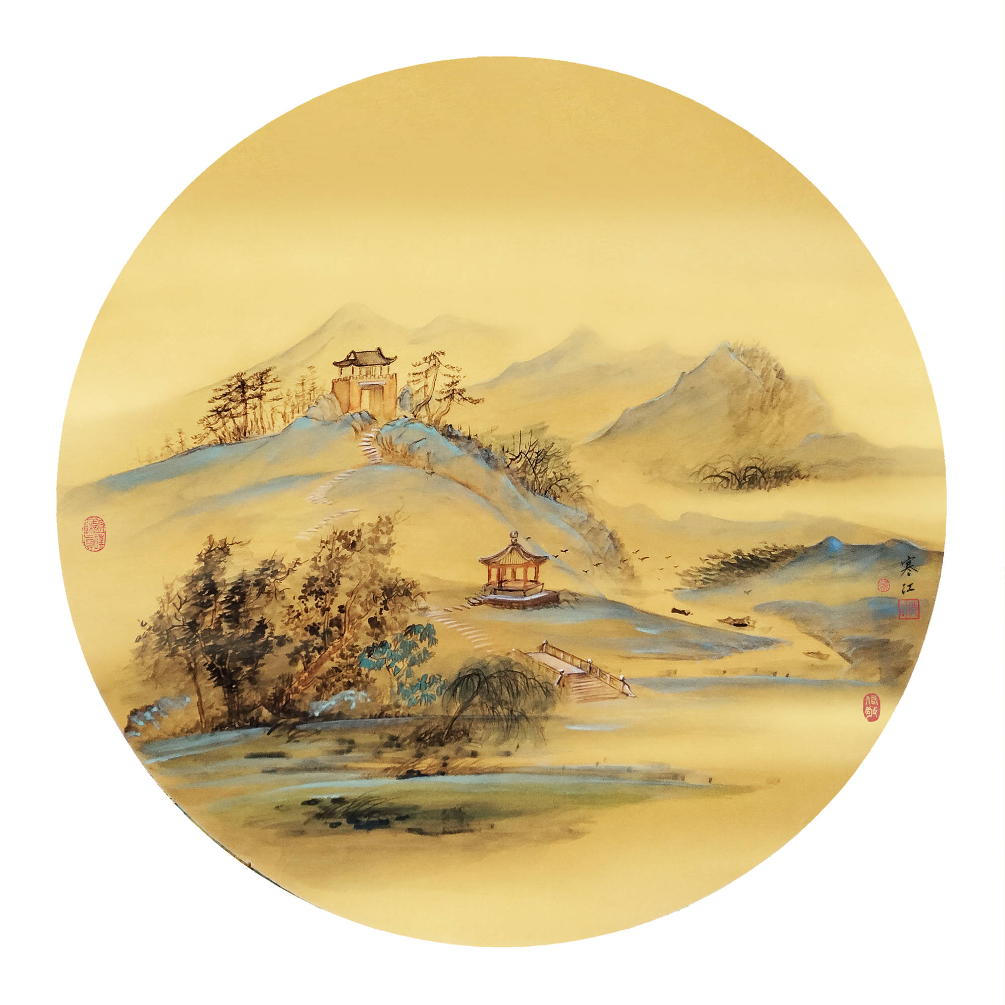 界画寒江---小写意《青绿山水界画》四幅