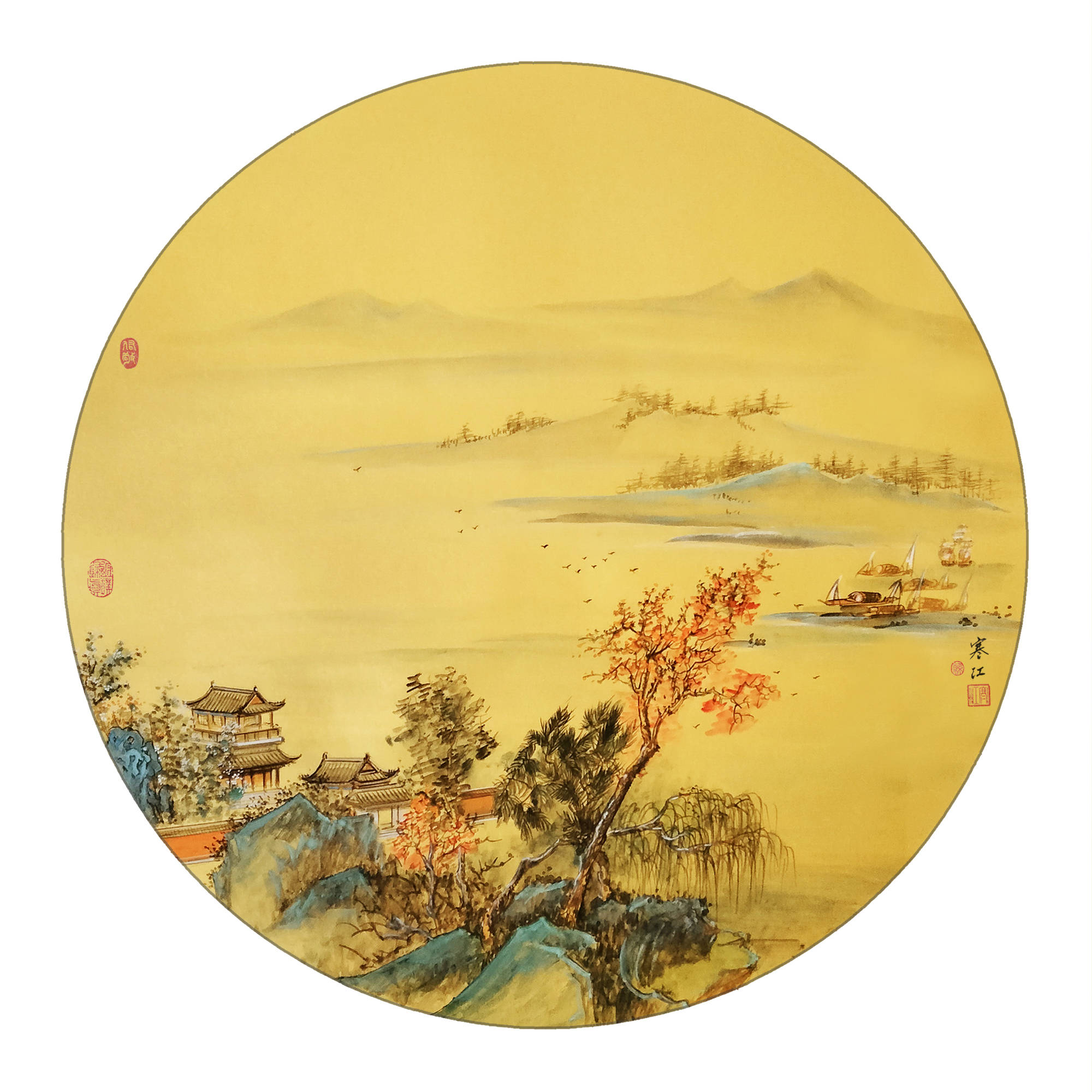 界画寒江---小写意《青绿山水界画》四幅