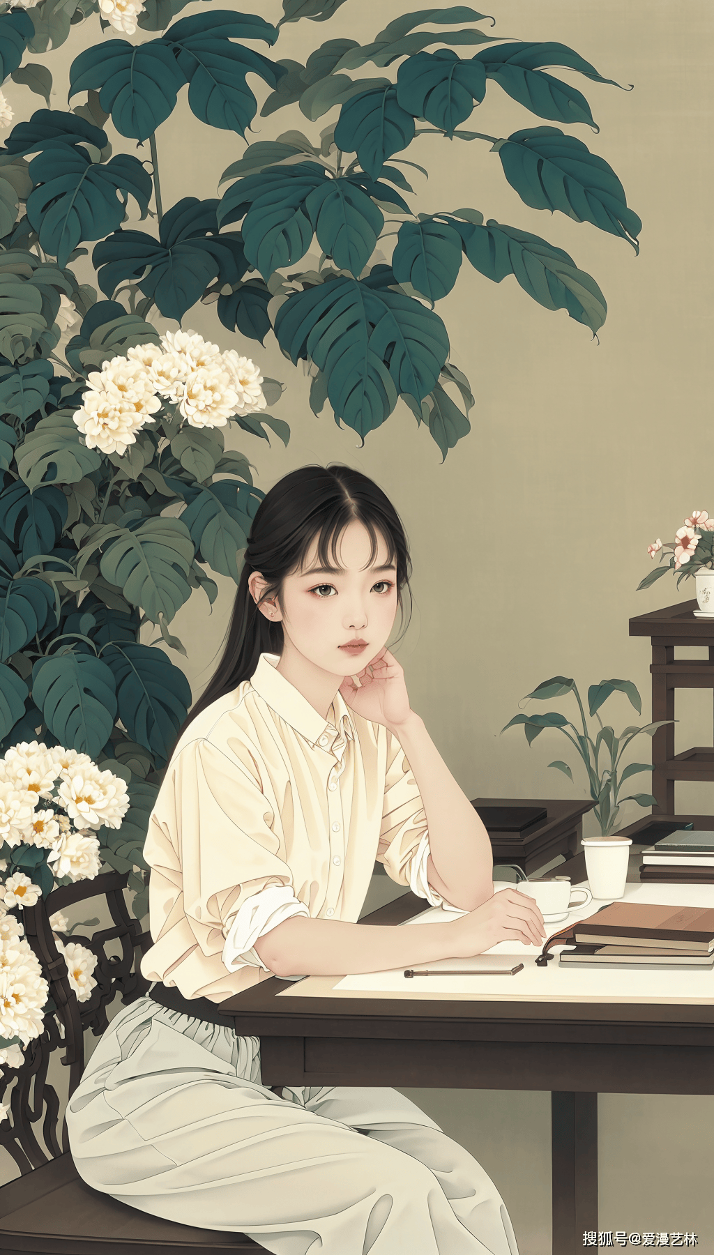 工笔画欣赏:读书的女孩