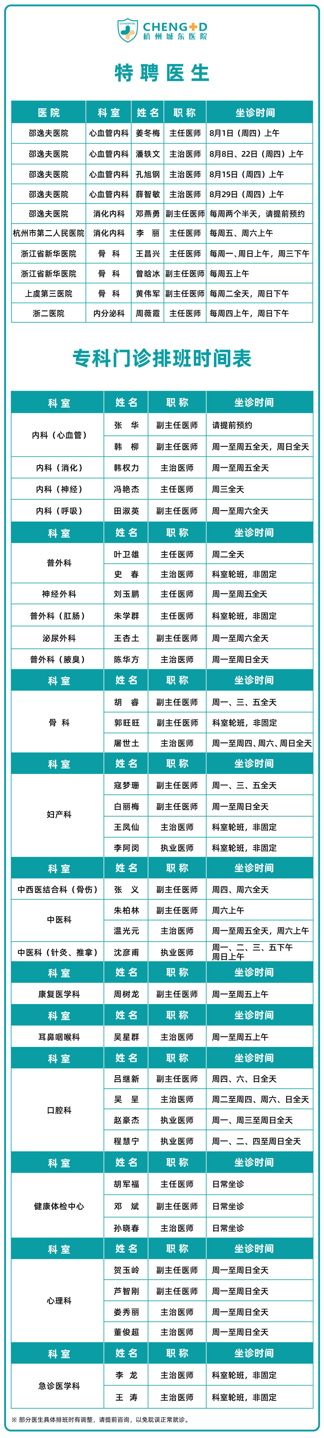 杭州城东医院8月特聘医生,专科门诊排班信息公布