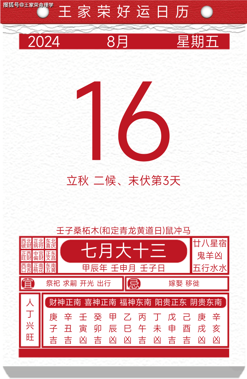 今日黄历运势吉日2024年8月16日