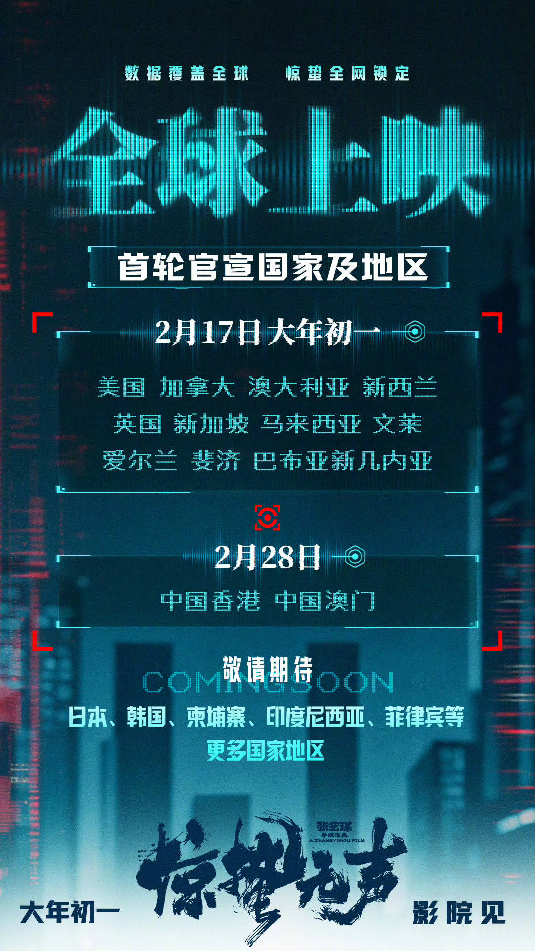 张艺谋国安题材新片《惊蛰无声》全球多国家及地区春节上映 易烊千玺朱一龙上演惊心博弈