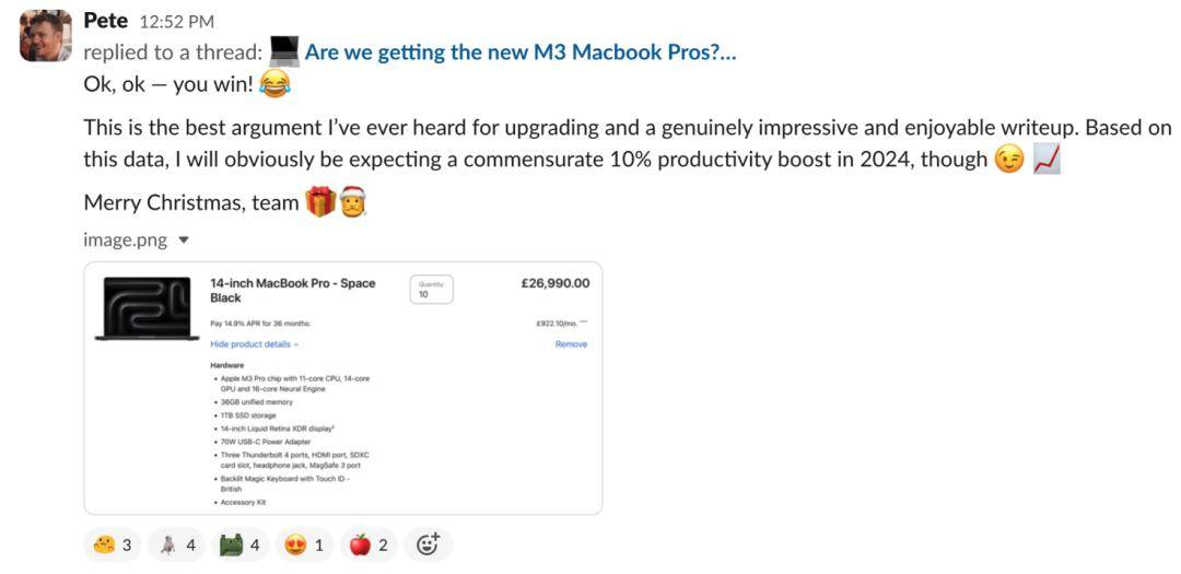M3 MacBook Pro 能提效？程序员、产品经理自证后，CTO：你赢了，新电脑在路上了