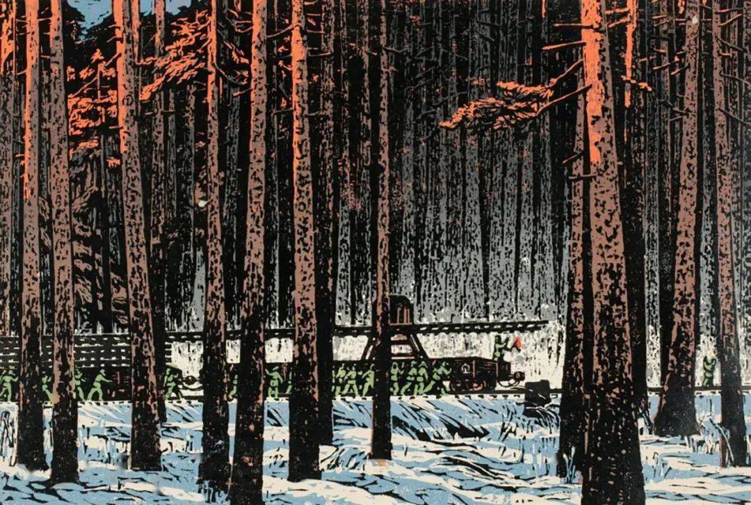 《开路》水印木刻 38cm×48cm 1964年 其加达瓦《长白山的早晨》套色