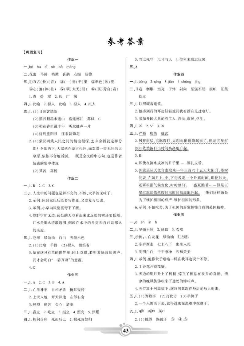 六年级语文上册:《寒假作业》22套 答案,字,词,句,阅读,可下载