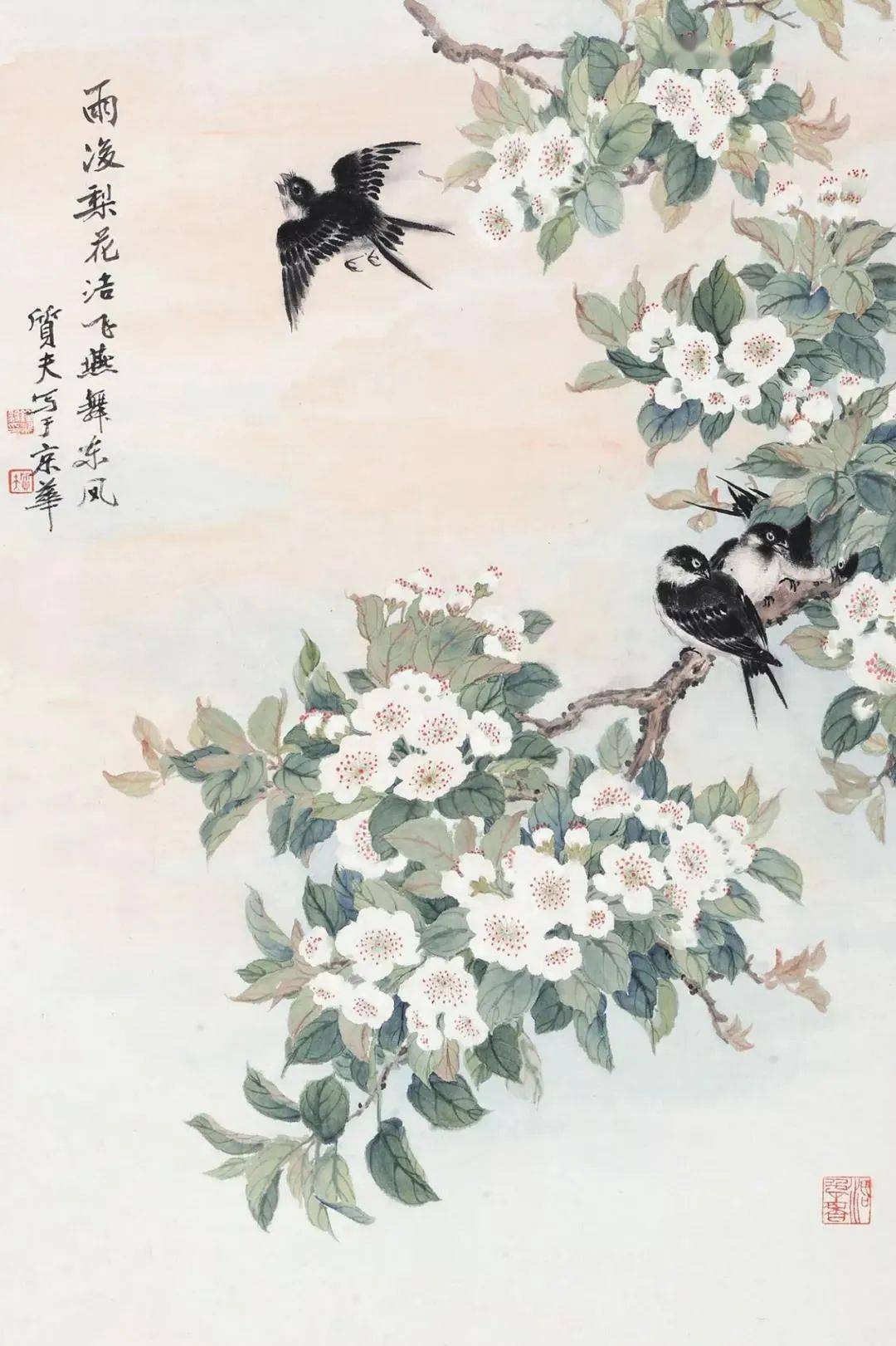 每日一赏|| 中国国画历代精品高清展：(1744)明陆治-《梨花双燕图》