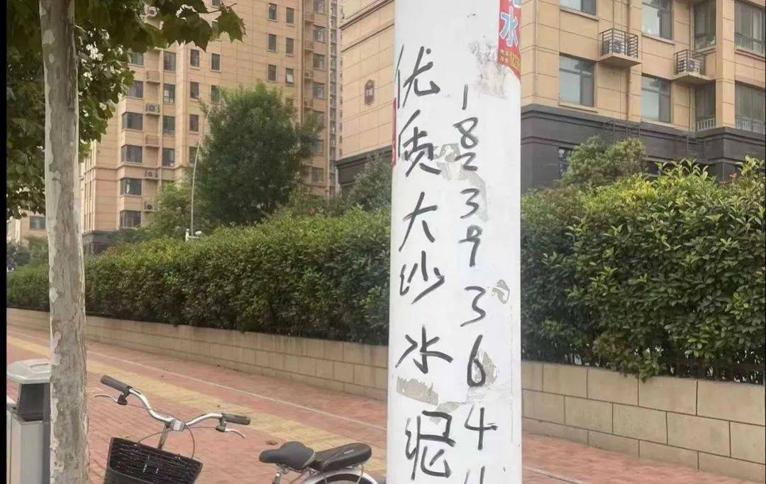 日卫都大道与卫河路交叉口向南星河湾小区车库入口处路灯杆张贴小广告