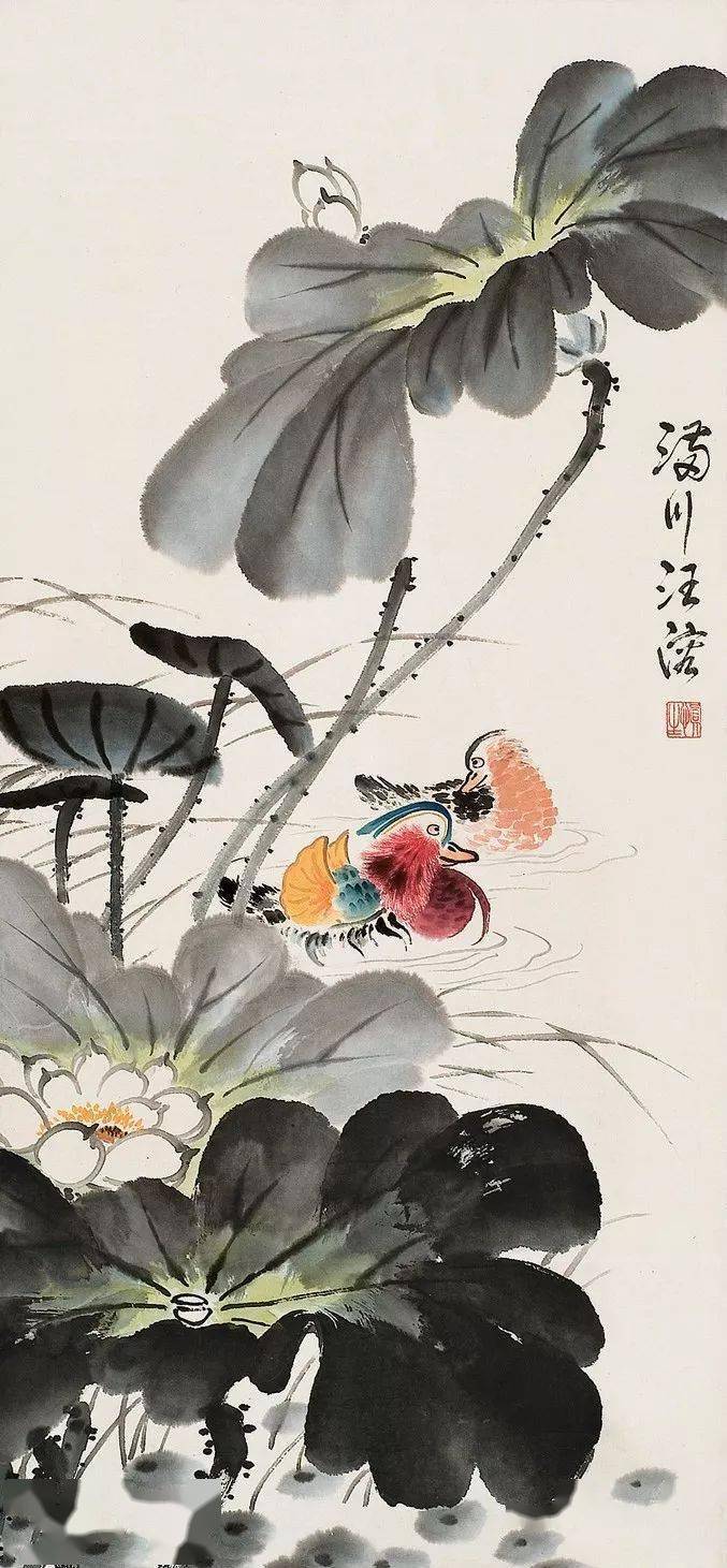 荷花是汪慎生情有独钟的题材,他的荷花清雅,平和,安静,展现在观者面前