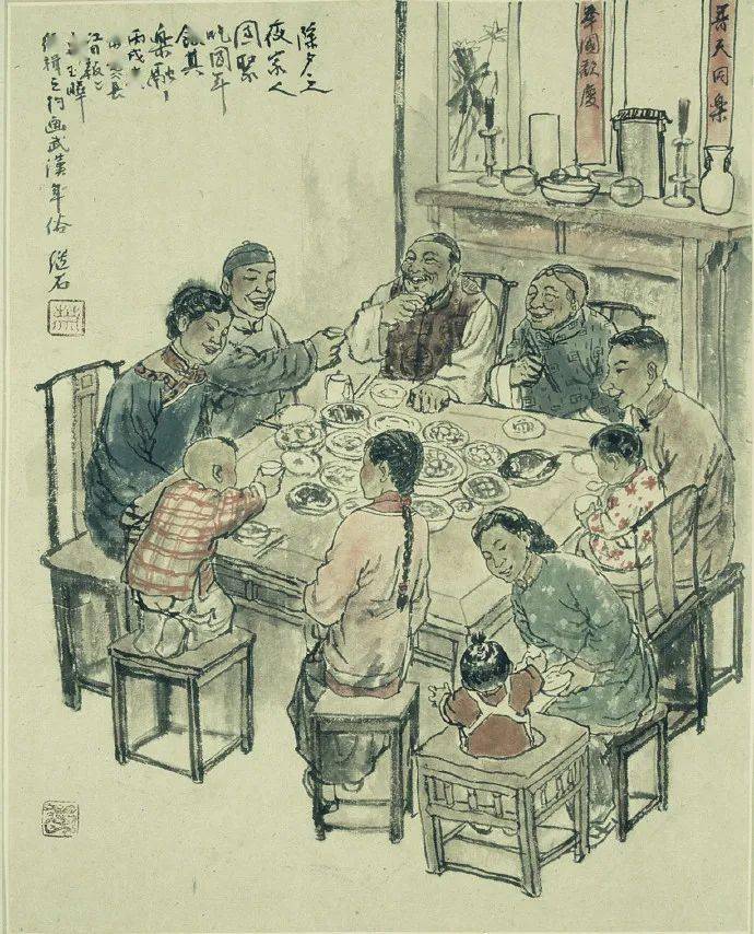 阖家团聚,围坐桌旁,共吃团圆饭桌上有大菜,冷盆,热炒,点心,一般少不了