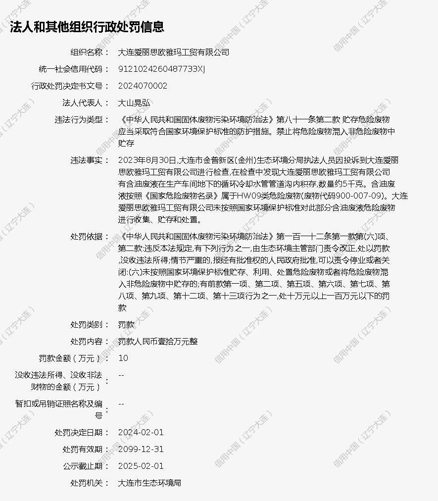 危险废物处理违法,大连爱丽思欧雅玛工贸被罚款10万元.