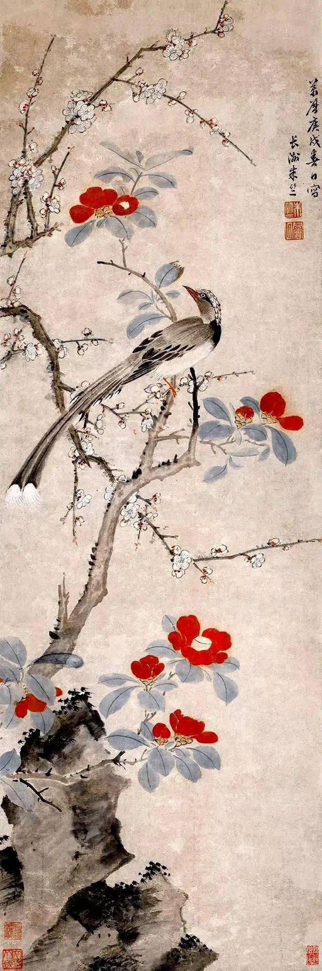 画眉鸟栩栩如生,层次感明显,尤以山茶花的白色之妙用,夺人眼球,山茶花