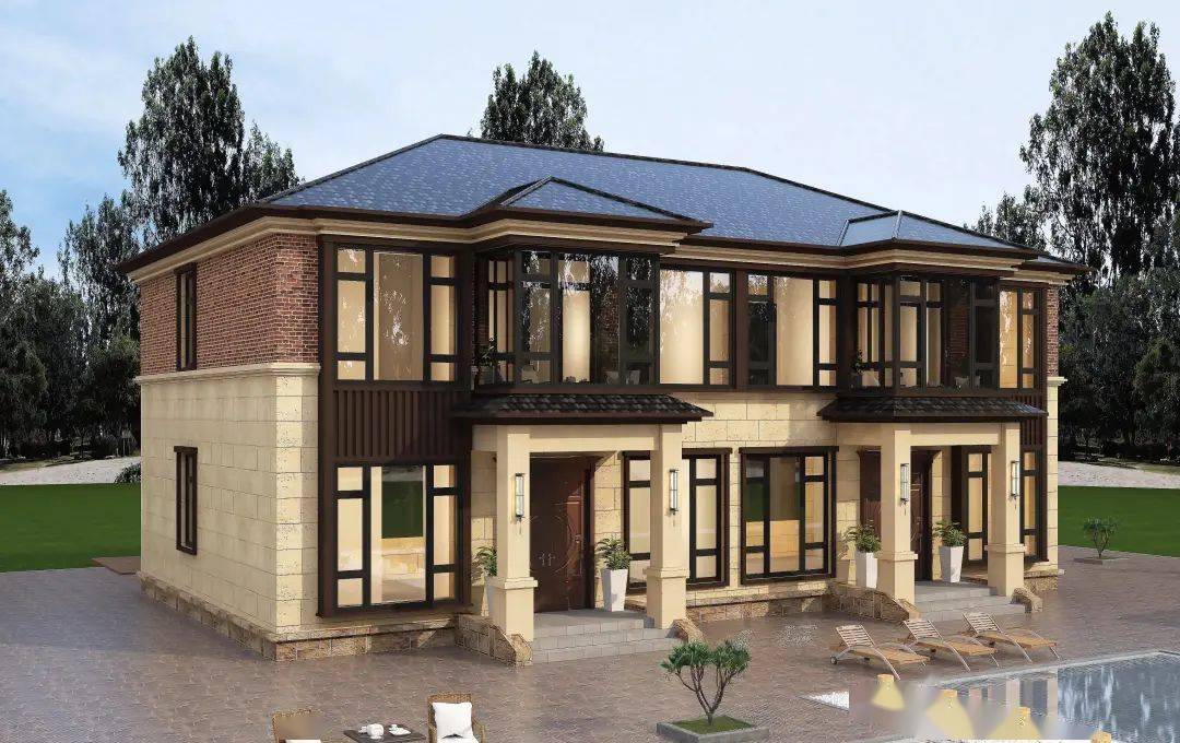 20款新中式二层双拼别墅,造型对称设计霸气二层双拼新中式别墅气势