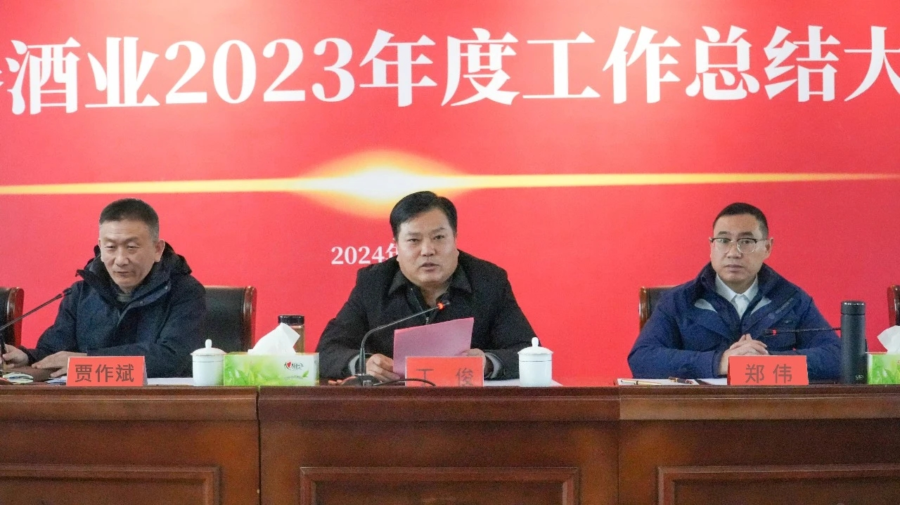 丁俊代表淮滨县委,县政府致辞,并就五谷春酒业2024年各项工作及助力