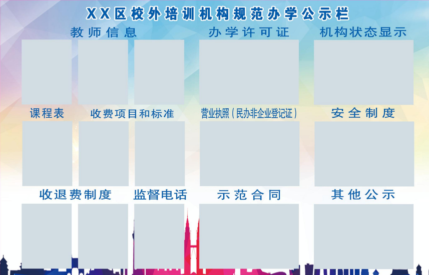 培训机构时,请注意查看该机构是否具有办学许可证,规范办学公示栏和"