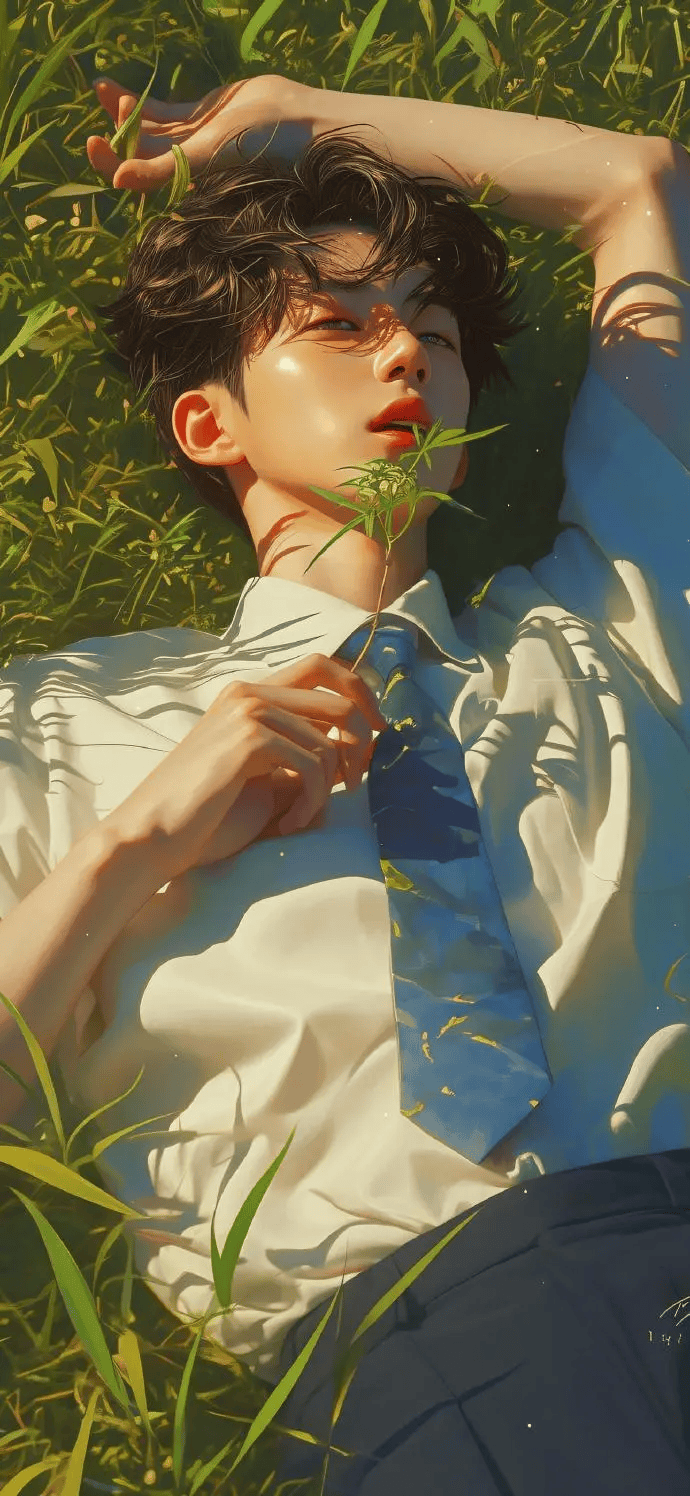 壁纸仰躺草地的动漫美少年壁纸