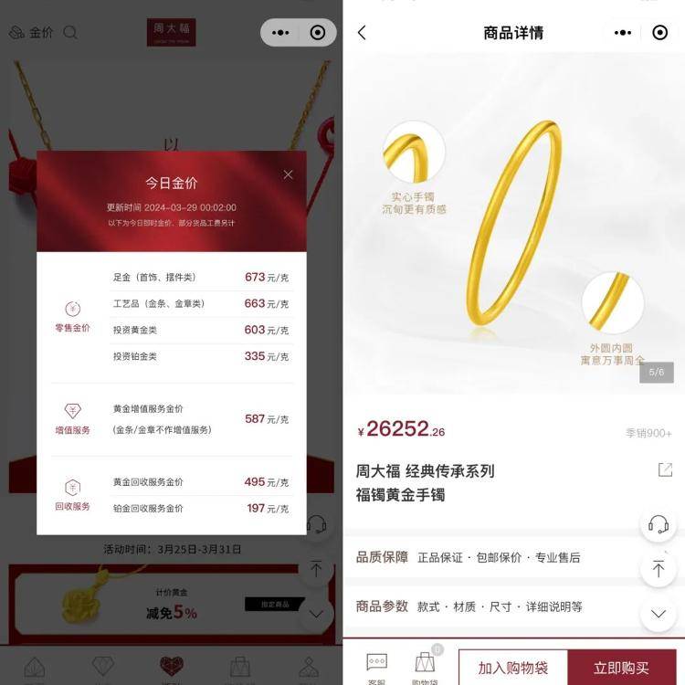62克的经典传承系列福镯黄金手镯为例,其价格为26252.