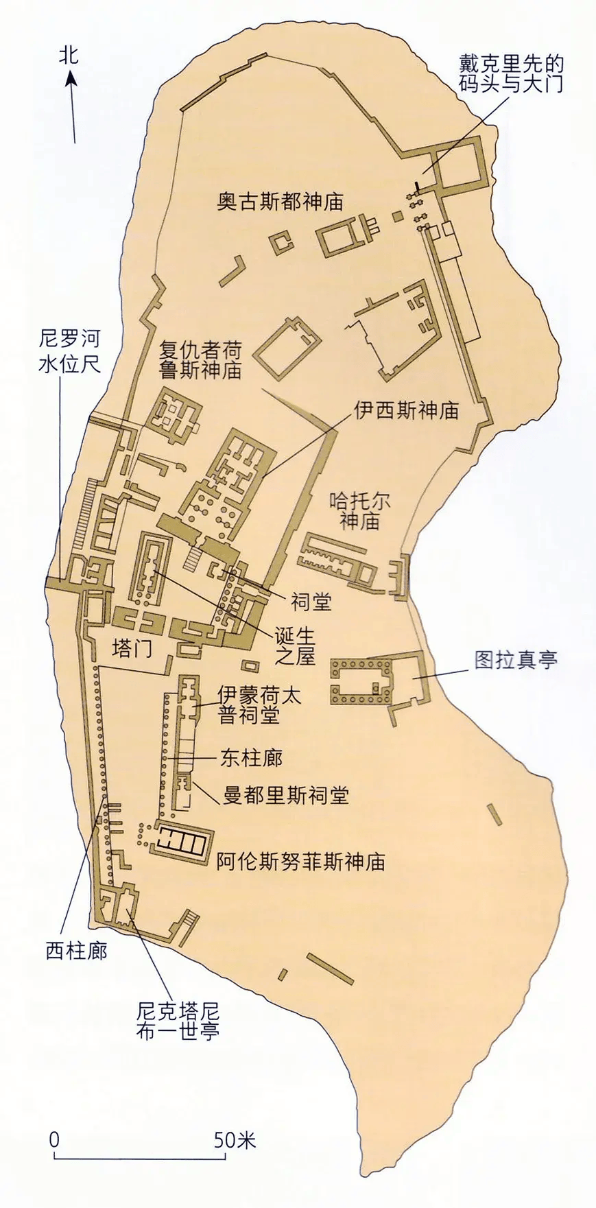 菲莱神庙地图(图片来自《埃及神庙》)西侧乘船看神庙(笔者拍摄)神庙前