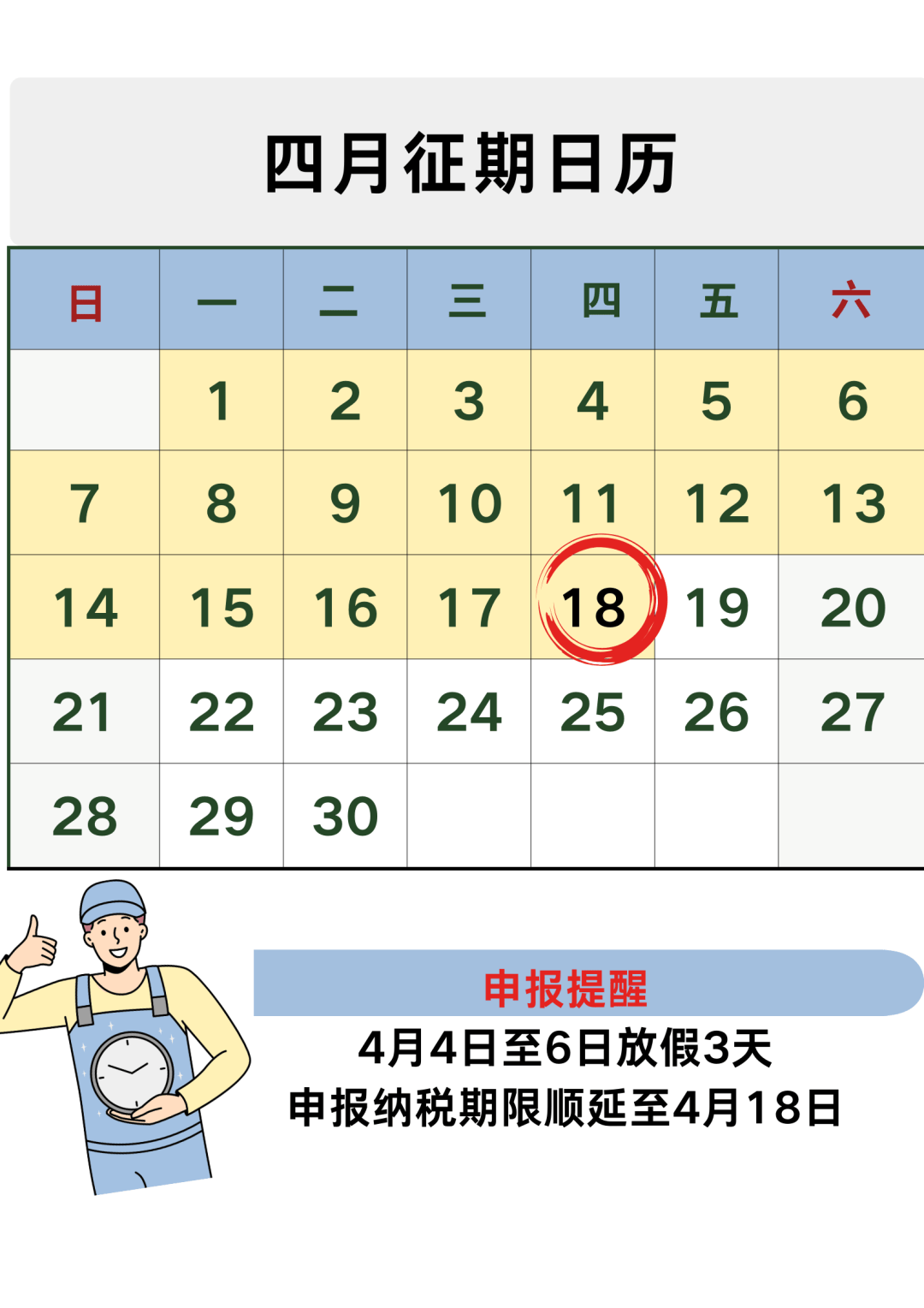 这些日期需要注意4月1日-4月18日增值税,消费税,企业所得税,个人所得