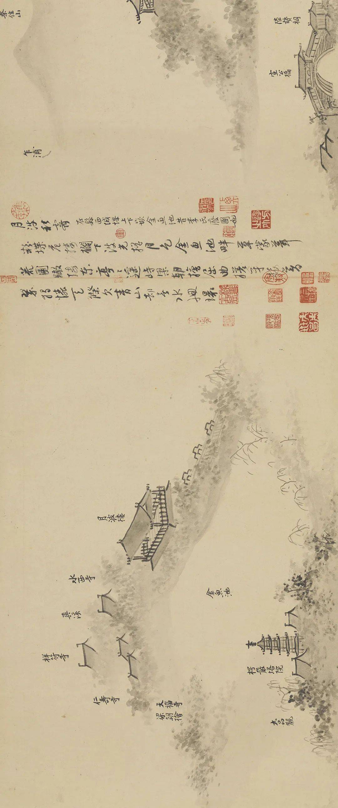 一长卷,画嘉兴附近的空翠风烟,龙潭暮云,鸳湖春晓,春波烟雨,月波秋霁