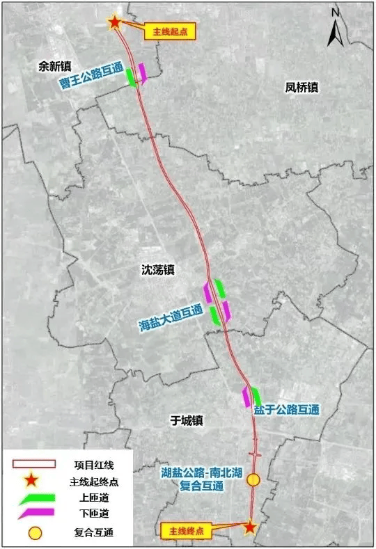 全程计划设置互通立交4处,包括曹王公路互通,海盐大道互通,盐于公路