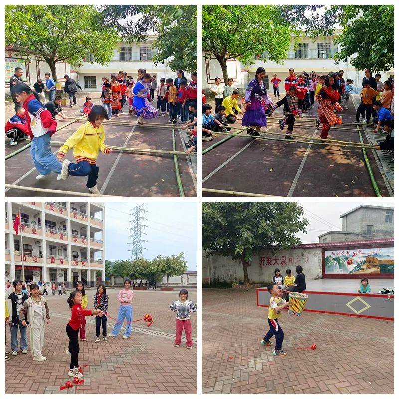 仁义镇双龙小学的学生们手持竹竿,随着音乐节奏跳跃起舞.