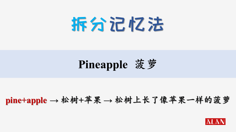 比如说我们常见的一种水果,pineapple菠萝,它的英文拼写就很长,该怎么