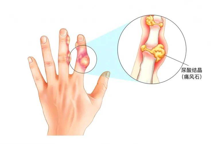 尿酸盐可能会在耳廓,手指关节,脚趾关节和其他部位形成痛风石,导致