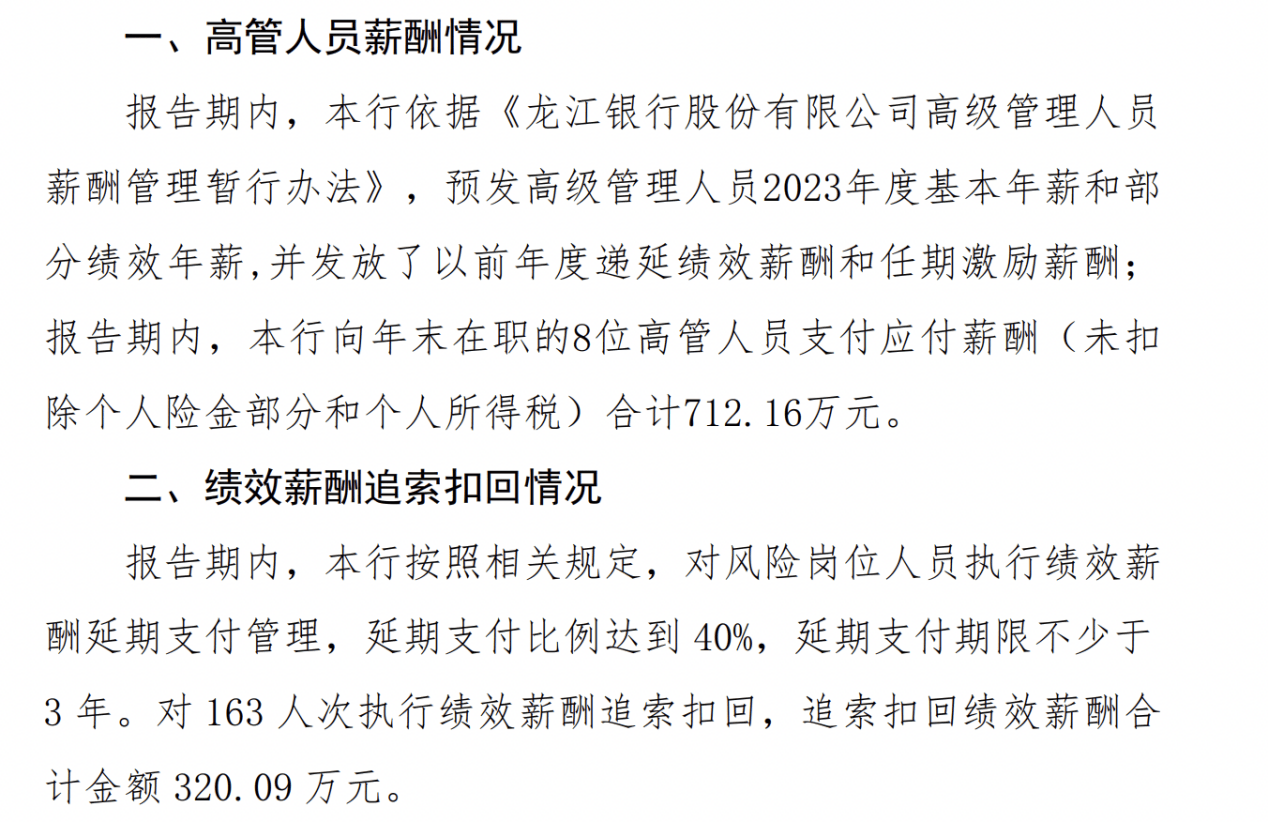 龙江银行2023年减收增利，8位高管薪酬合计712万元