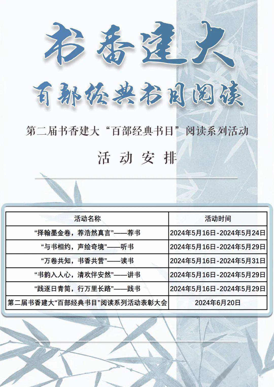 第二届书香建大"百部经典书目"阅读系列活动安排