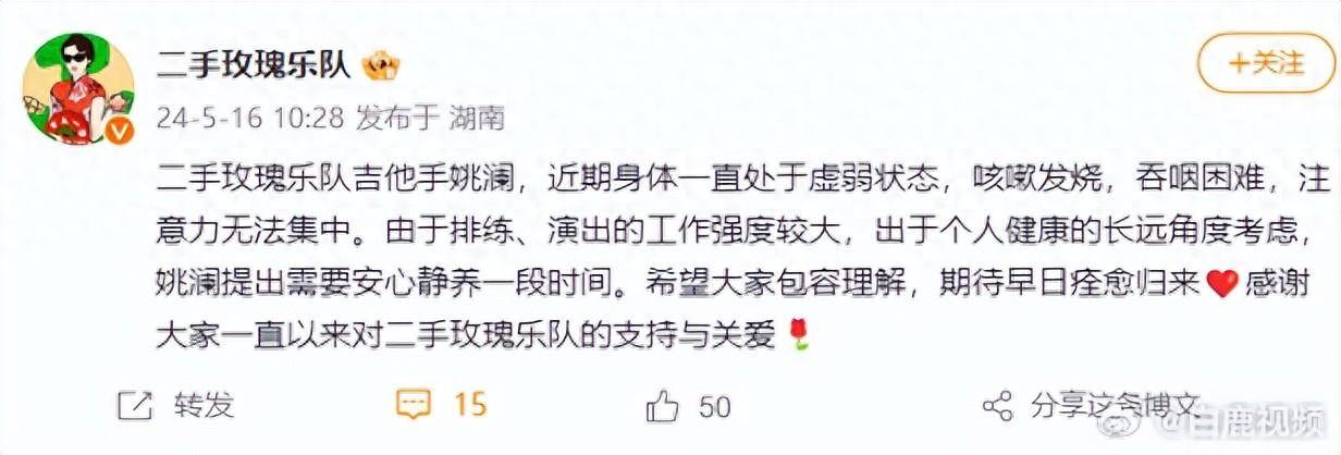 二手玫瑰乐队吉他手姚澜暂别演出_身体_工作_强度