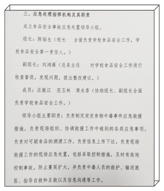 相关指导文件的精神,成立了以陈临生校长为组长的食品安全领导小组,刘