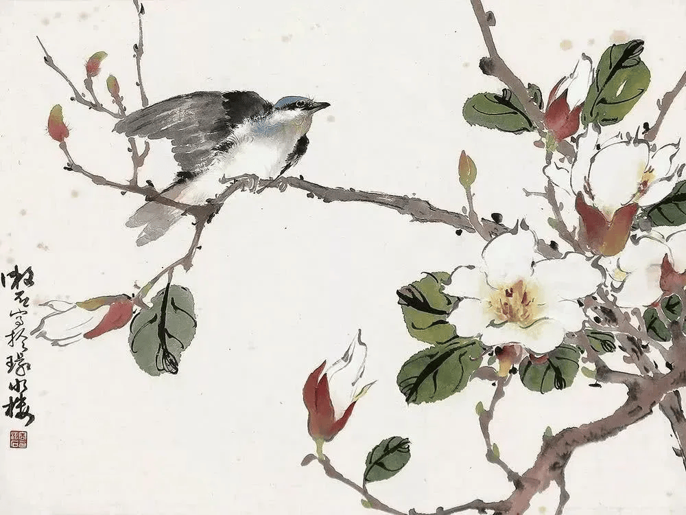 其所作花鸟苍劲有力,水墨淋漓,构图简洁,寥寥几笔,栩栩如生花鸟画