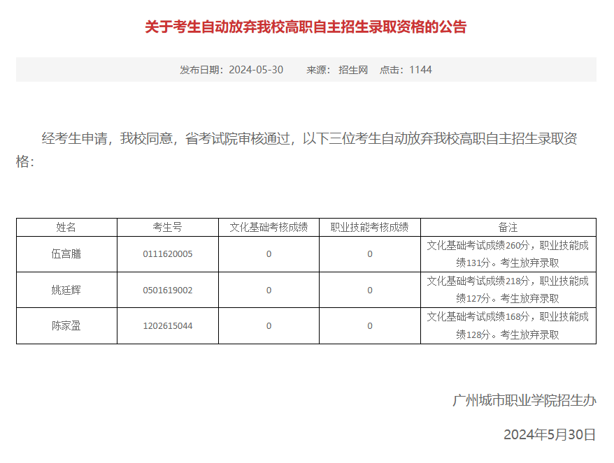 3所院校公布自主招生取消录取资格名单!