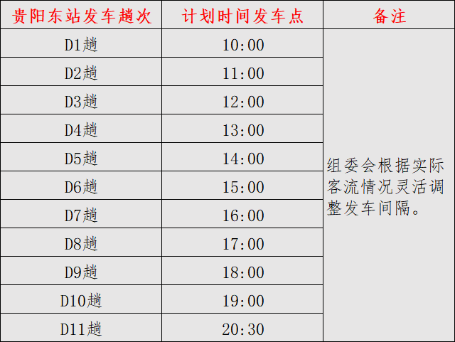 计划发车时间表 6月15日,选手到达贵阳东站后,可根据志愿者及指示牌的