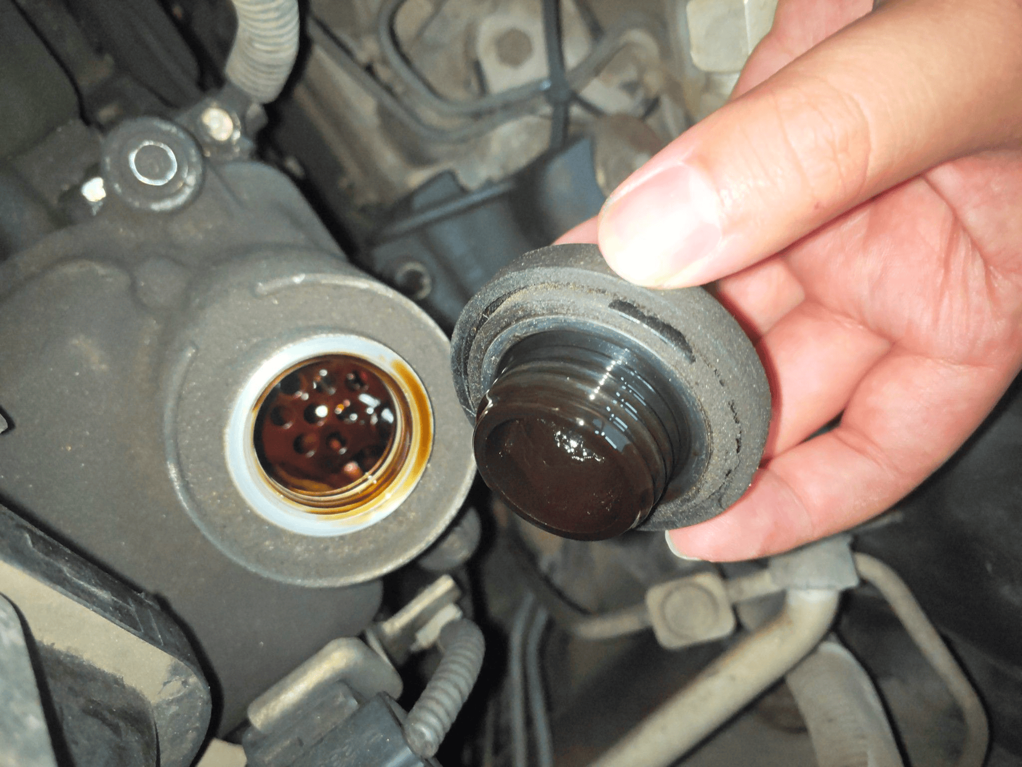 正时盖也漏油,排气歧管和机脚周边都是油污,这可不像日系车啊!