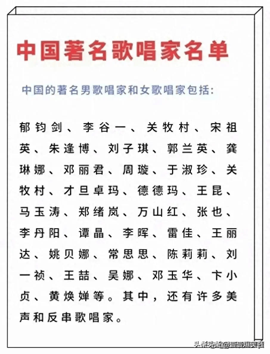 终于有人把中国著名歌唱家名单整理出来了,对照一下,你喜欢谁?