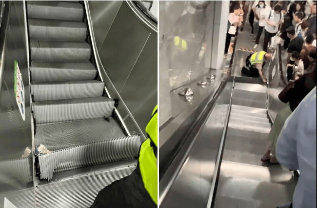地铁站内一部扶梯发生故障后暂停下来,靠近底部的一处踏板受损变形