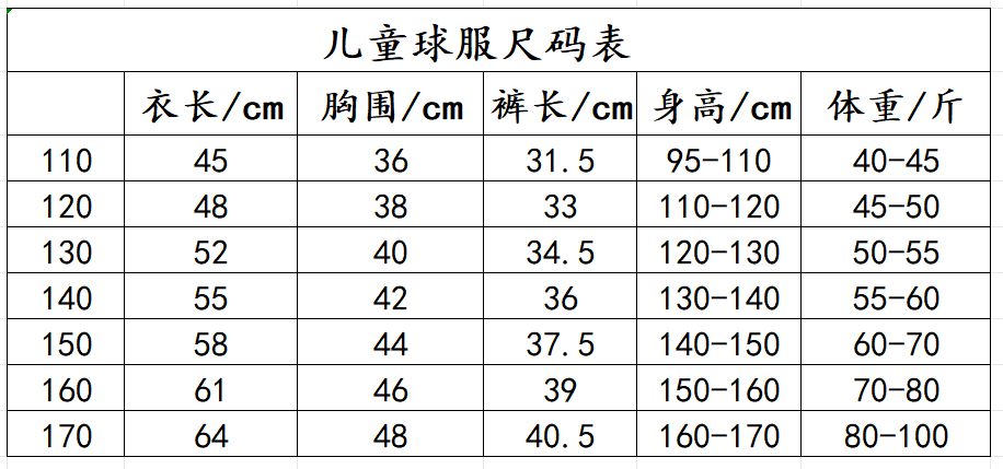 儿童球衣尺码对照表图片