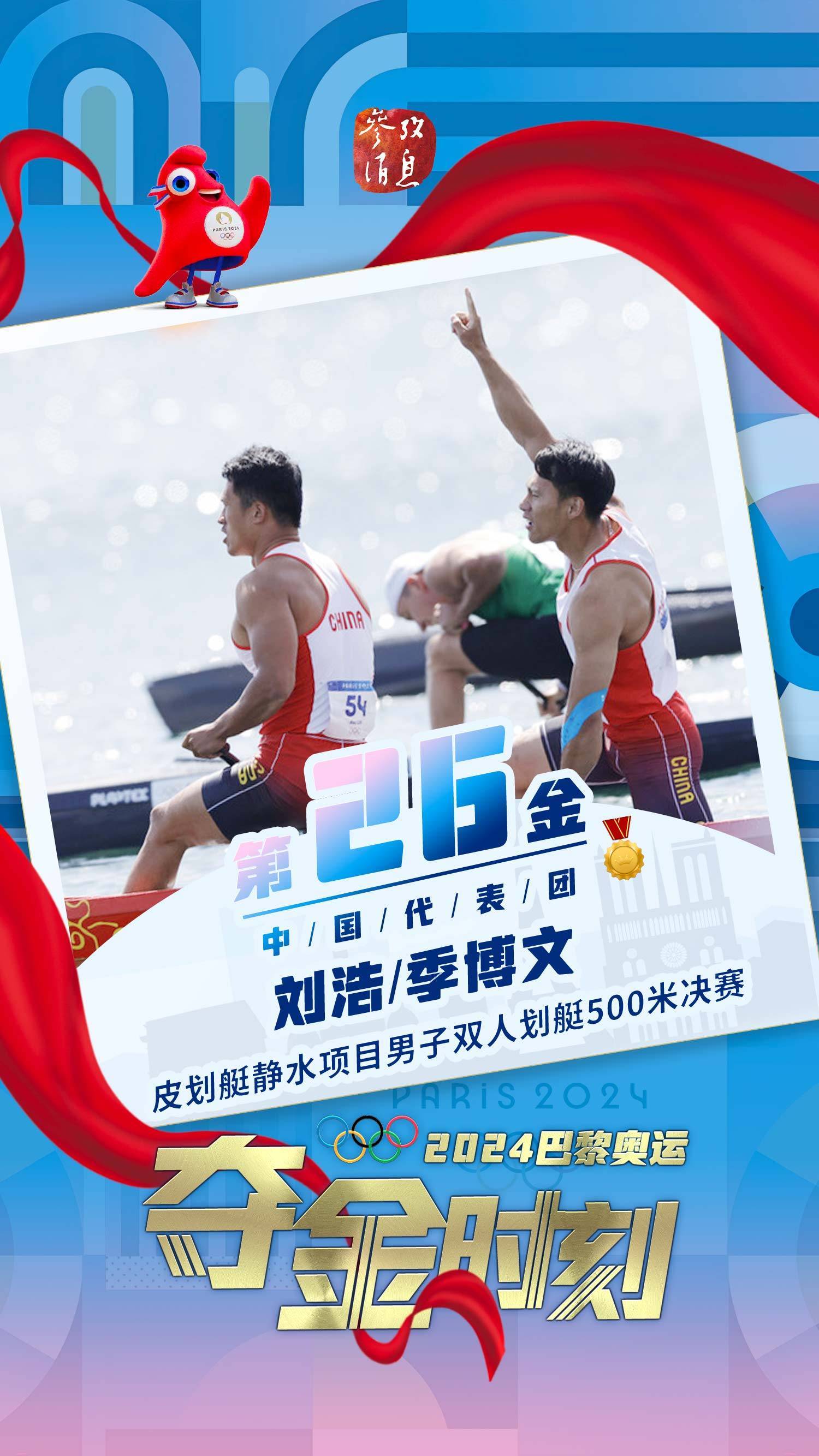 中国选手刘浩,季博文夺得巴黎奥运会皮划艇静水项目男子双人划艇500米