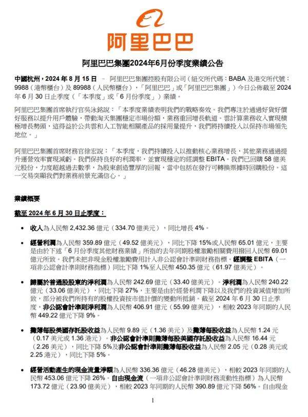 阿里巴巴新财年首份财报:第一财季营收2432亿元 同比增长4%_集团_约合_包括
