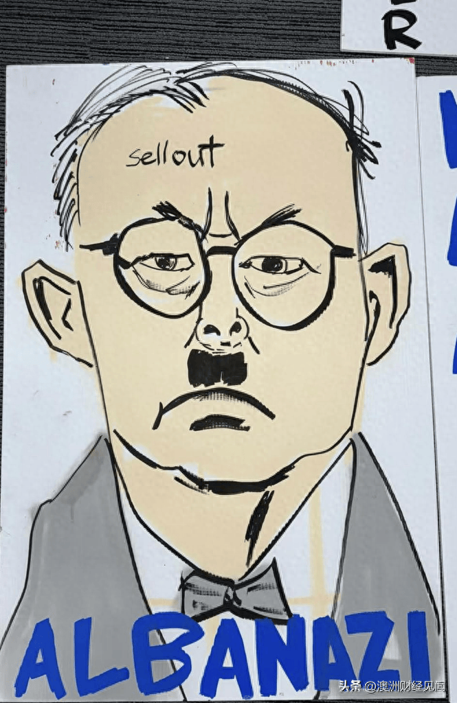 这幅卡通画将albanese画成希特勒的形象,并在其额头 上写了"sellout"
