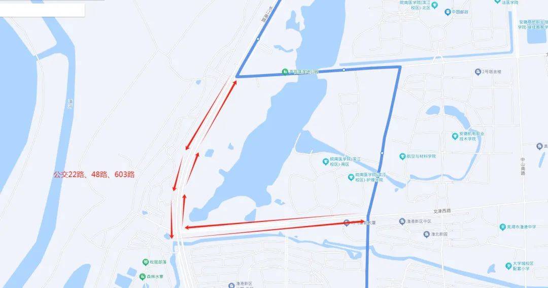 1,公交22路,48路,603路,117晚路临时改由文津西路,长江南路运行,临时