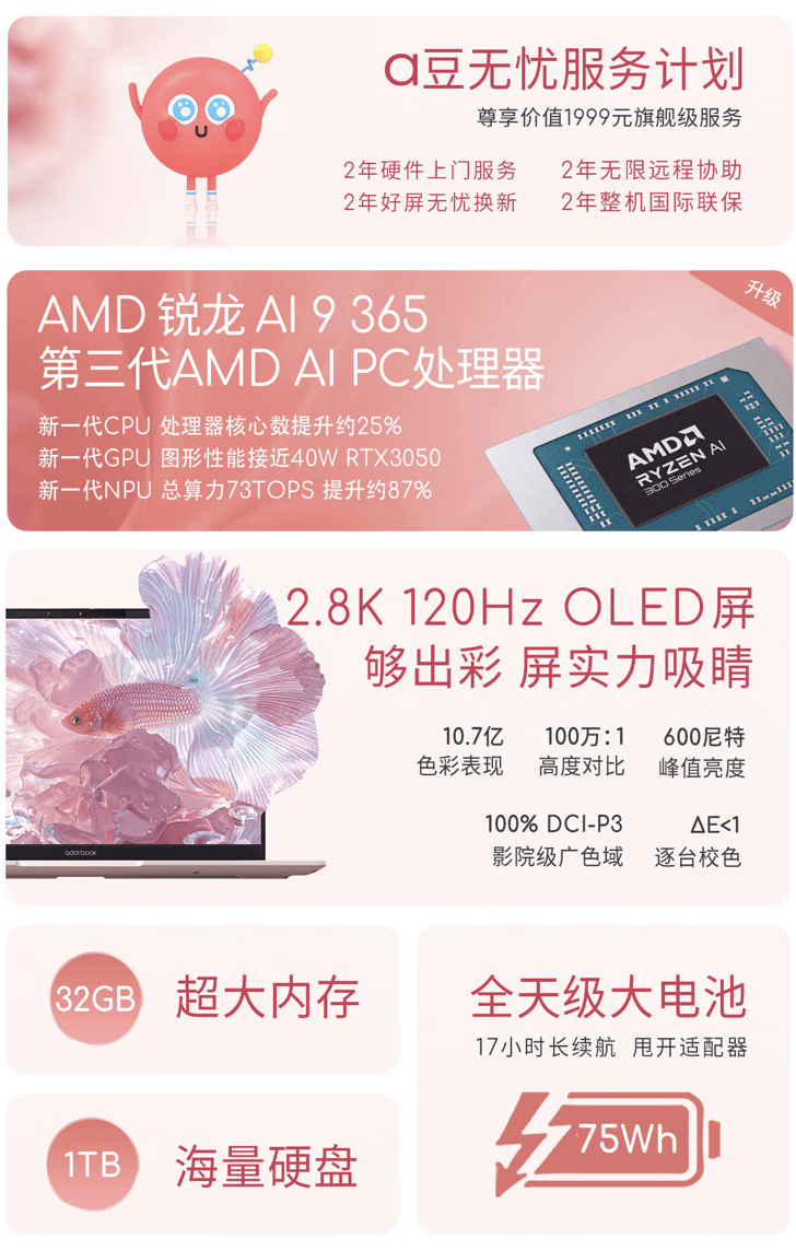 华硕a豆 14 air 香氛版笔记本开售:锐龙 ai 9 365   32g   1t 售 8999
