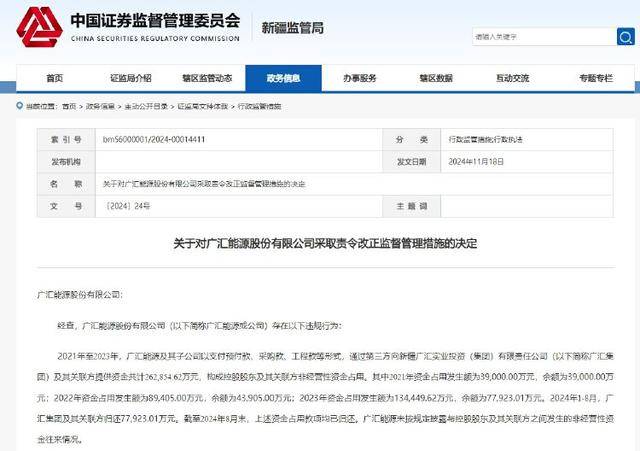 公司热点｜广汇能源因资金占用问题被责令整改，涉26.29亿资金未披露，相关责任人遭处罚