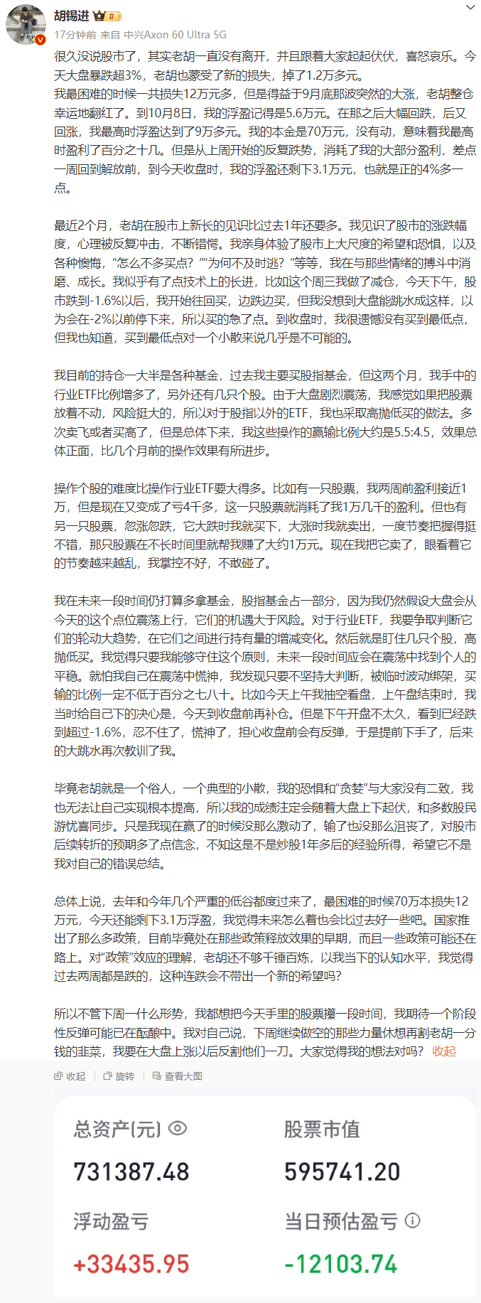 胡锡进公布持仓细节 开户到今天浮盈3.1万元