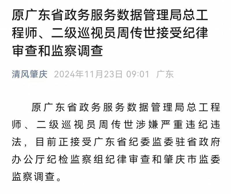 原广东省政务服务数据管理局总工程师、二级巡视员周传世被查