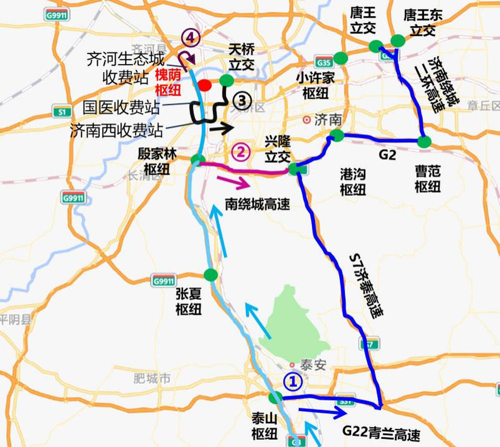 1)京台高速泰安方向至济广高速济南方向车辆绕行路线①:齐河北立交